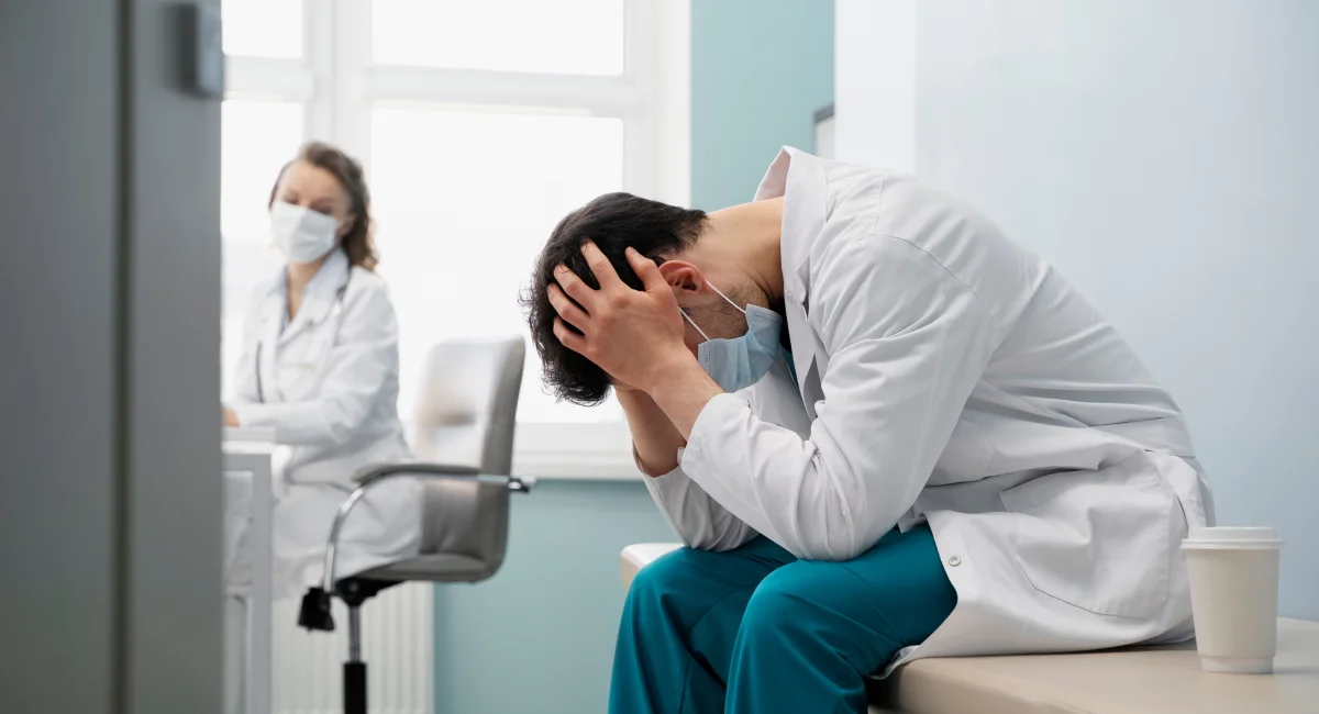 Healthcare worker stressed over patient recruitment difficulties in clinical trials.